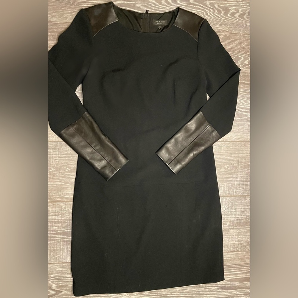 Rag & Bone black silk blend shift dress with leather cuffs and shoulder detail